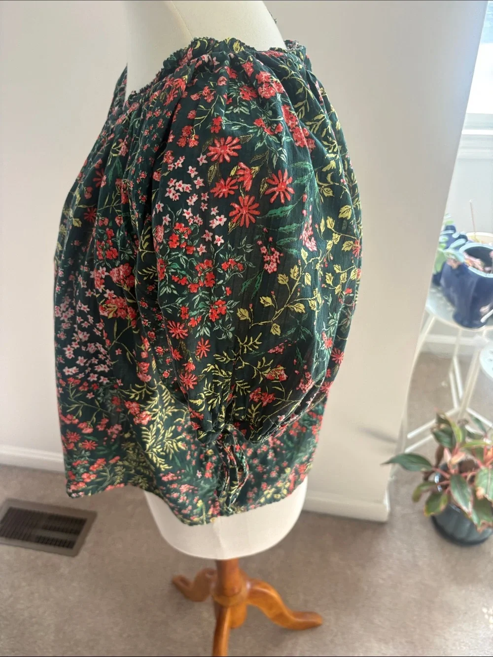 LOFT Forest Green Floral Peasant Blouse